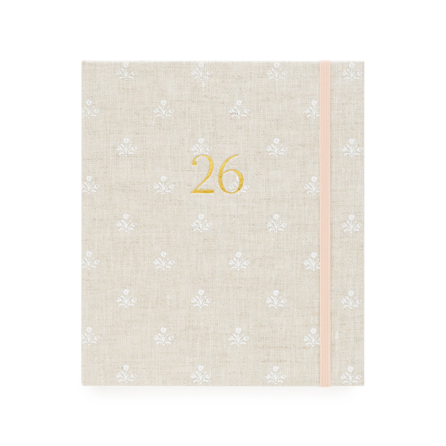 Beige and white floral pattern fabric planner with the gold foil 26 on the cover