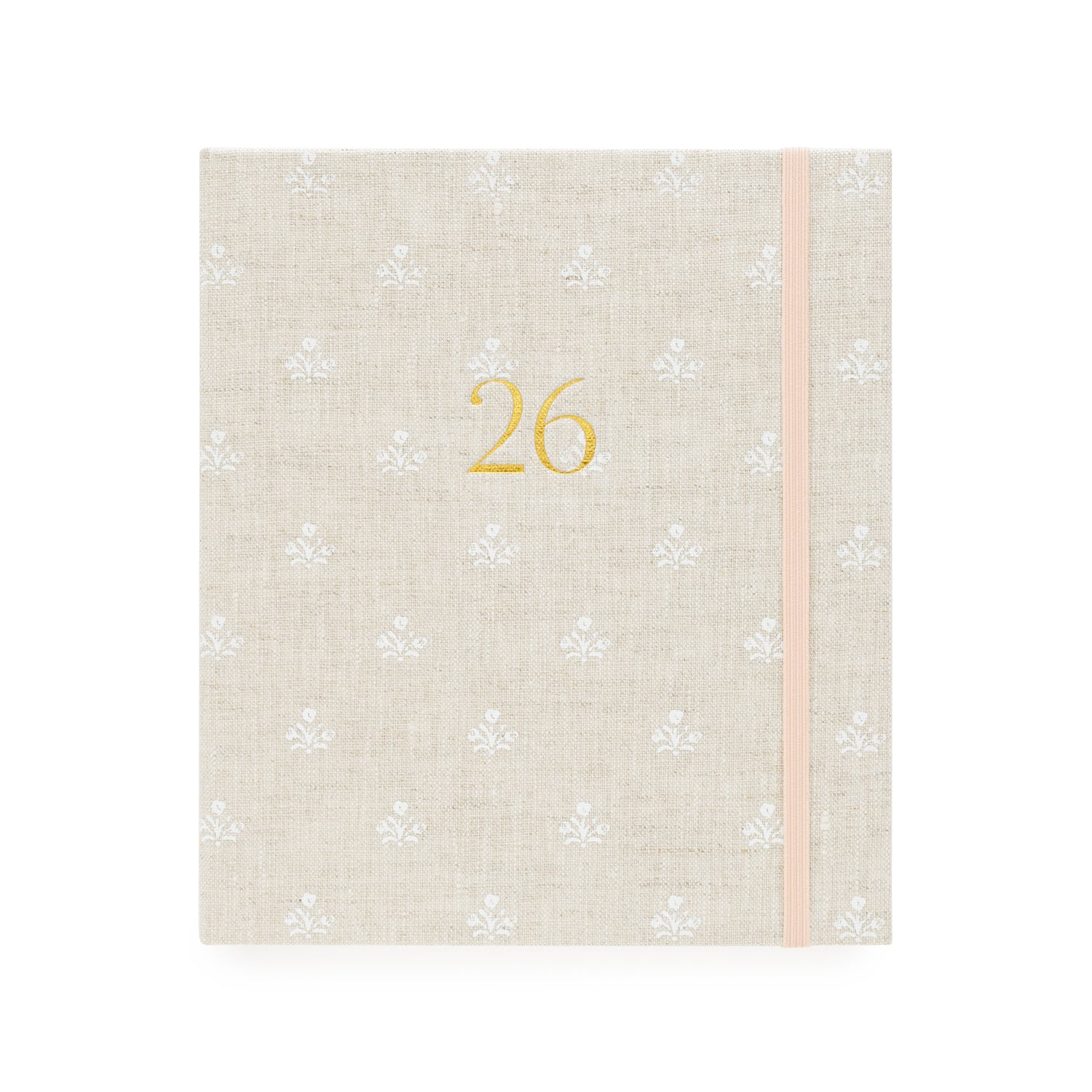 Beige and white floral pattern fabric planner with the gold foil 26 on the cover}