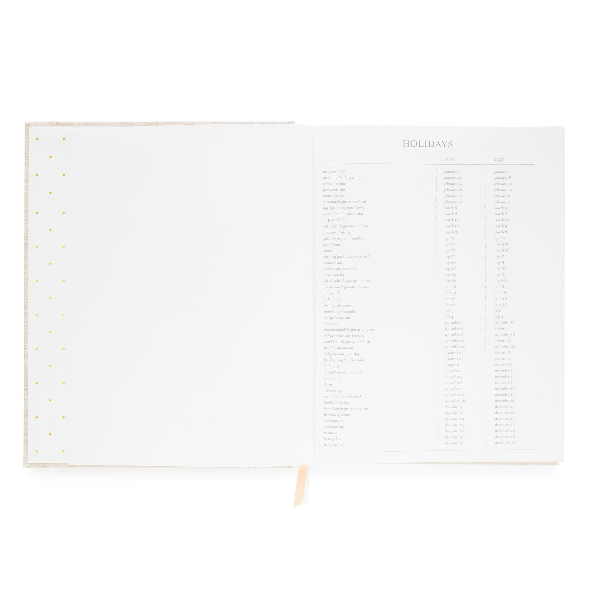 Interior of desk agenda with 2026 + 2027 holiday list