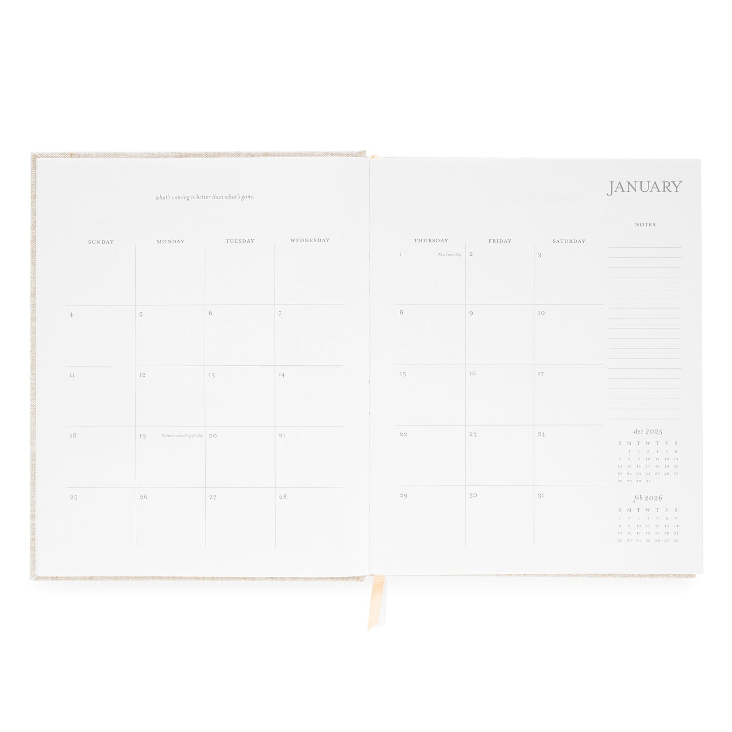 Interior of desk agenda with january monthly grid with space for notes and inspirational quote