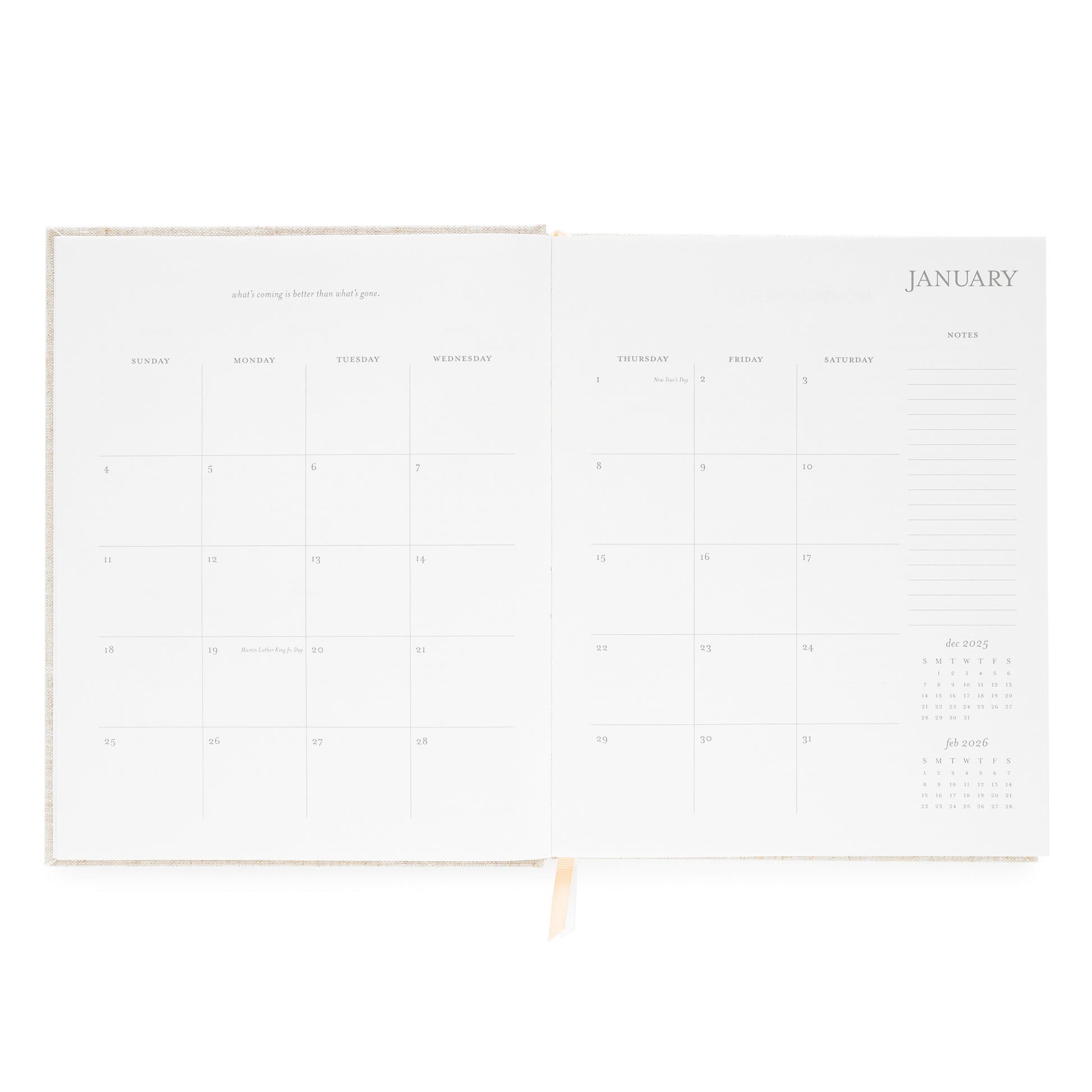 Interior of desk agenda with january monthly grid with space for notes and inspirational quote