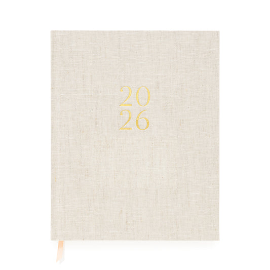 Flax linen planner with '2026' printed in gold