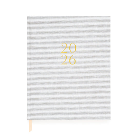 Grey stripe fabric planner with 2026 stamped in foil on cover