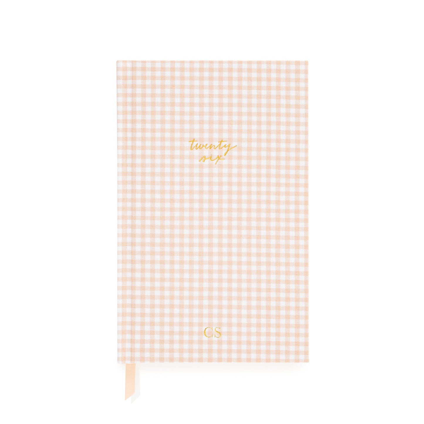 Pink and white gingham agenda with gold foil twenty six and 'CS' personalized initials in gold