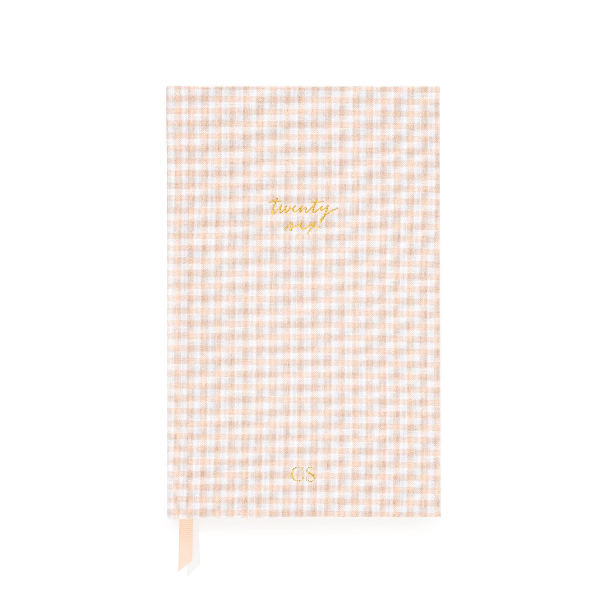 Pink and white gingham agenda with gold foil twenty six and 'CS' personalized initials in gold