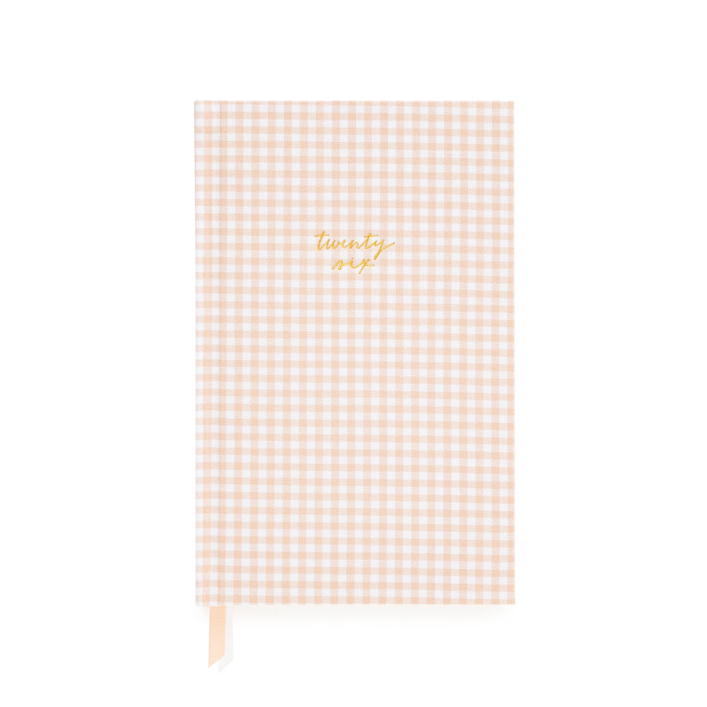 Pink and white gingham fabric planner with twenty six foil stamped on the cover