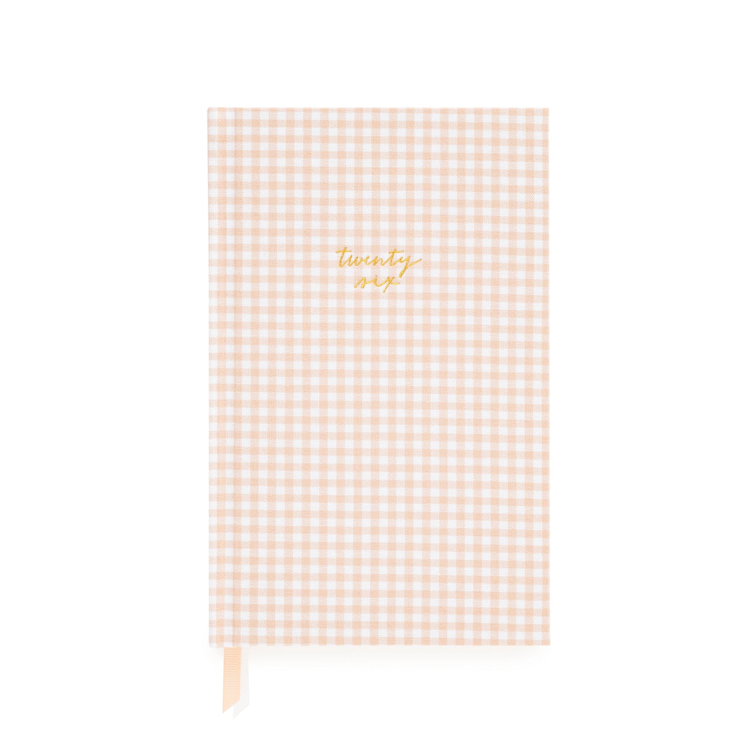 Pink and white gingham fabric planner with twenty six foil stamped on the cover}
