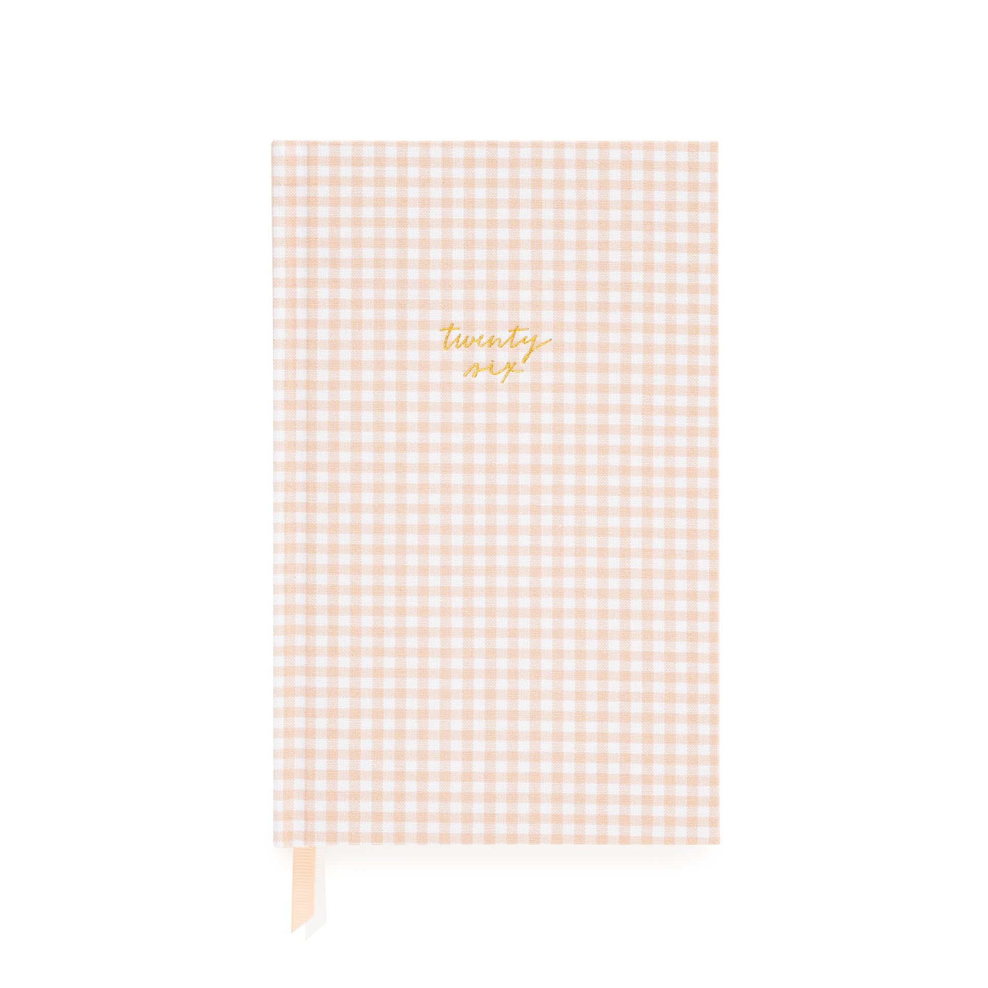 Pink and white gingham fabric planner with twenty six foil stamped on the cover