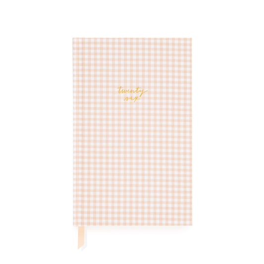 Pink and white gingham fabric planner with twenty six foil stamped on the cover