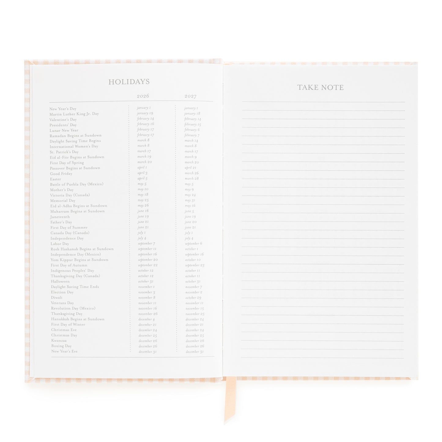Open small bound agenda with 2026 + 2027 holidays and take note section with ruled lines