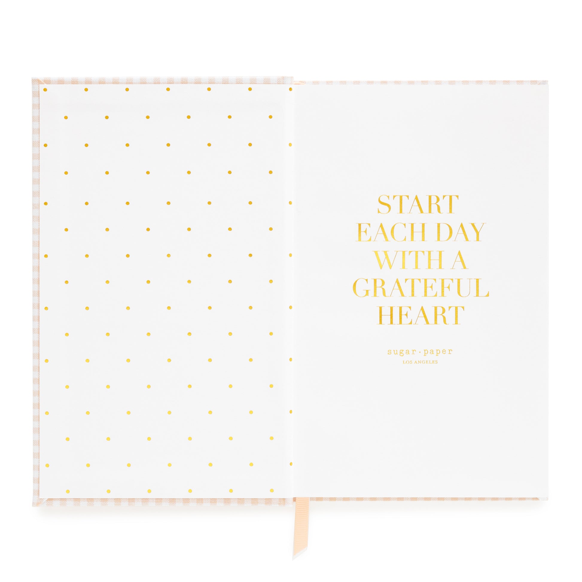 Interior of small bound agenda with 'Start each day with a grateful heart' in gold foil and pink and white ribbon markers