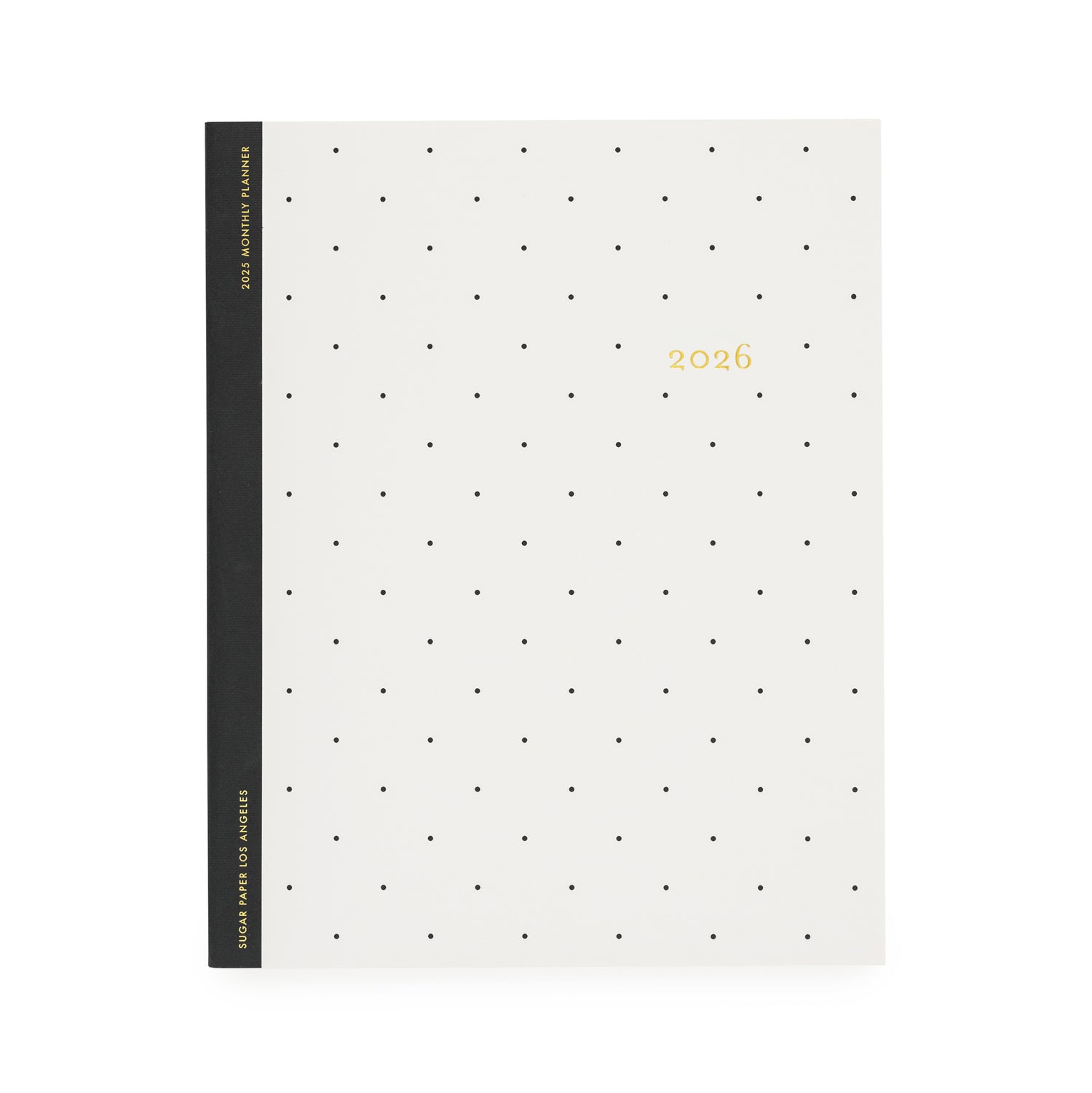 White planner with black dot pattern and '2026' gold foil on cover}