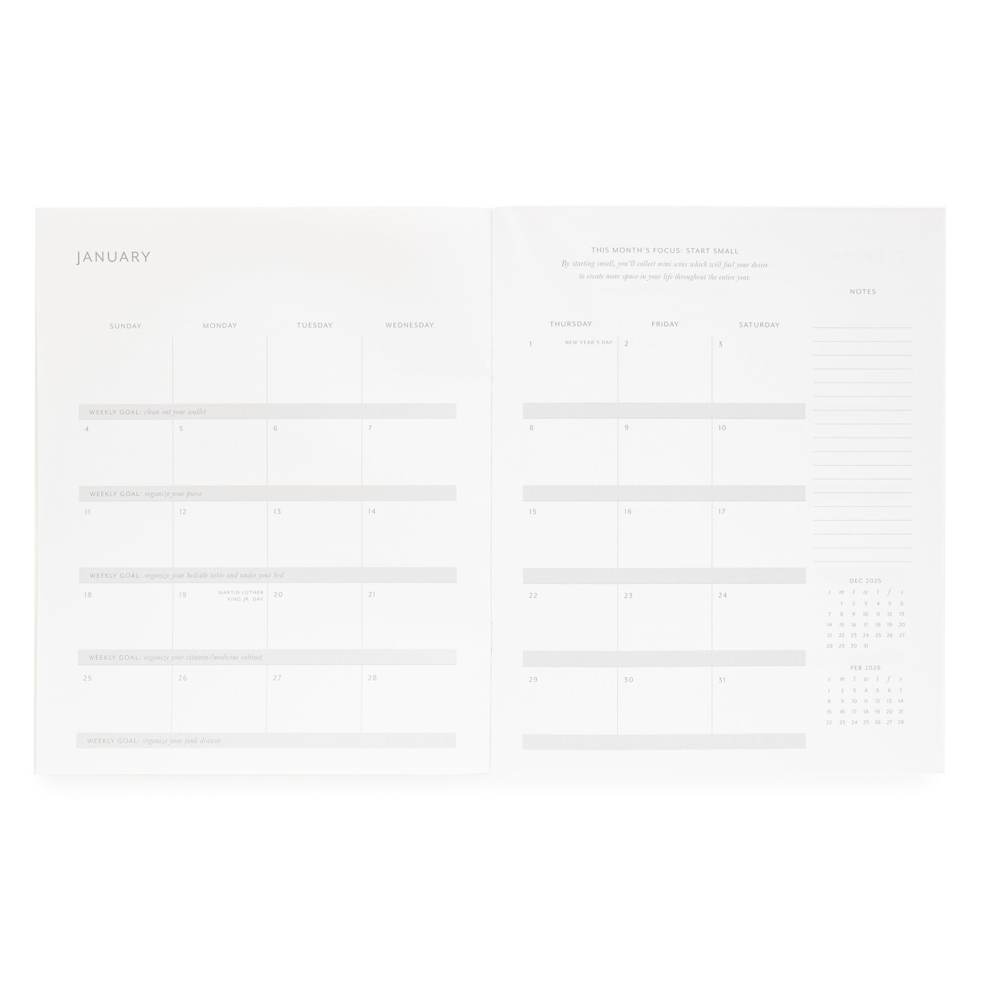 Open Breathing Room for Sugar Paper Monthly planner grid for January with a weekly goal project and this month's focus