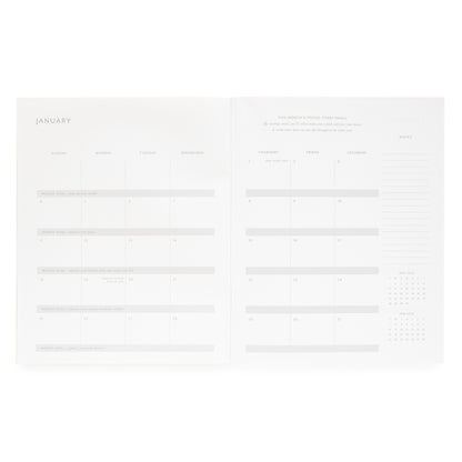 Open Breathing Room for Sugar Paper Monthly planner grid for January with a weekly goal project and this month's focus