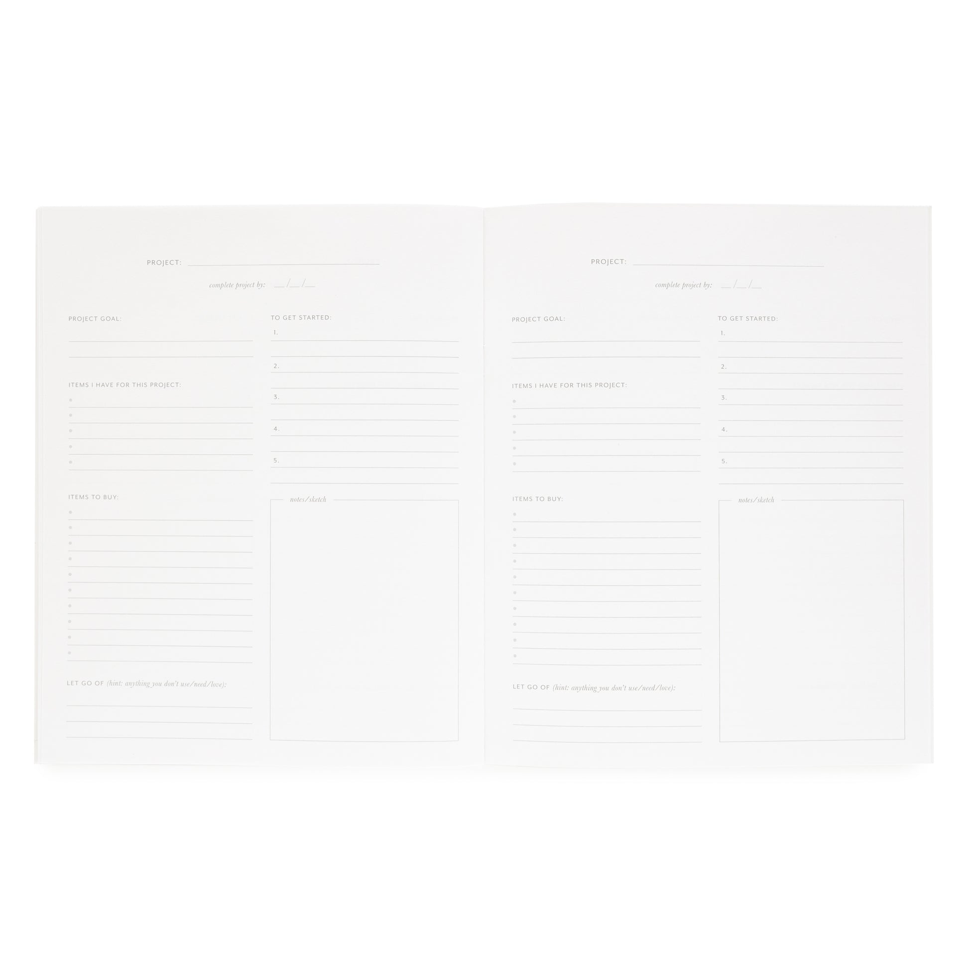 Project planning pages of Breathing Room for Sugar Paper monthly planner with goal, items I have, items to buy, let go of, to get started and notes
