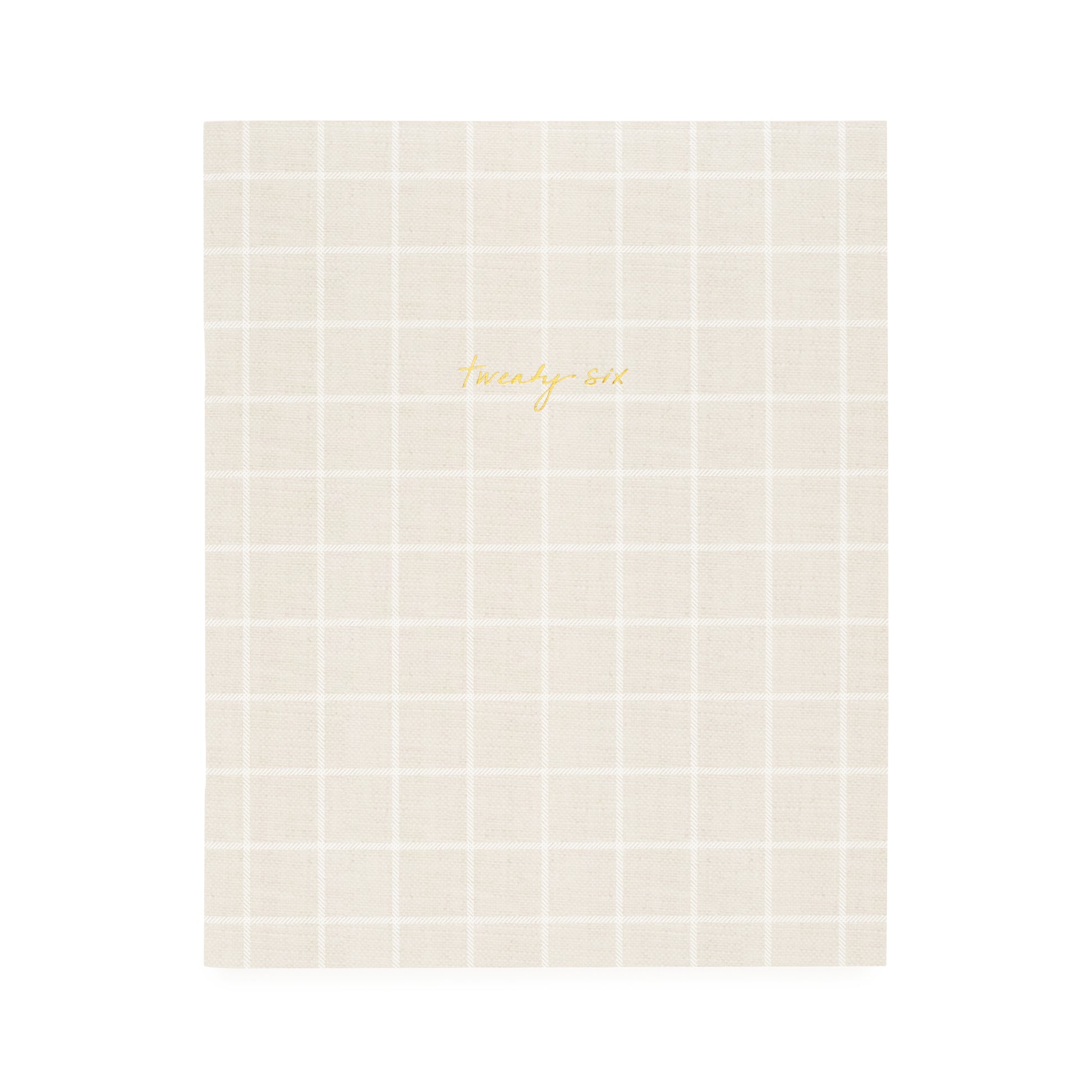 Flax and white check planner with twenty-six in gold foil on the cover