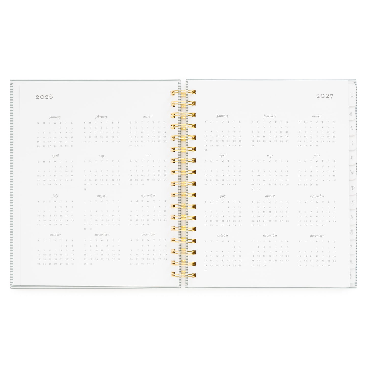 Two-page spread of a planner with 2026 and 2027 calendars of spiral academic planner