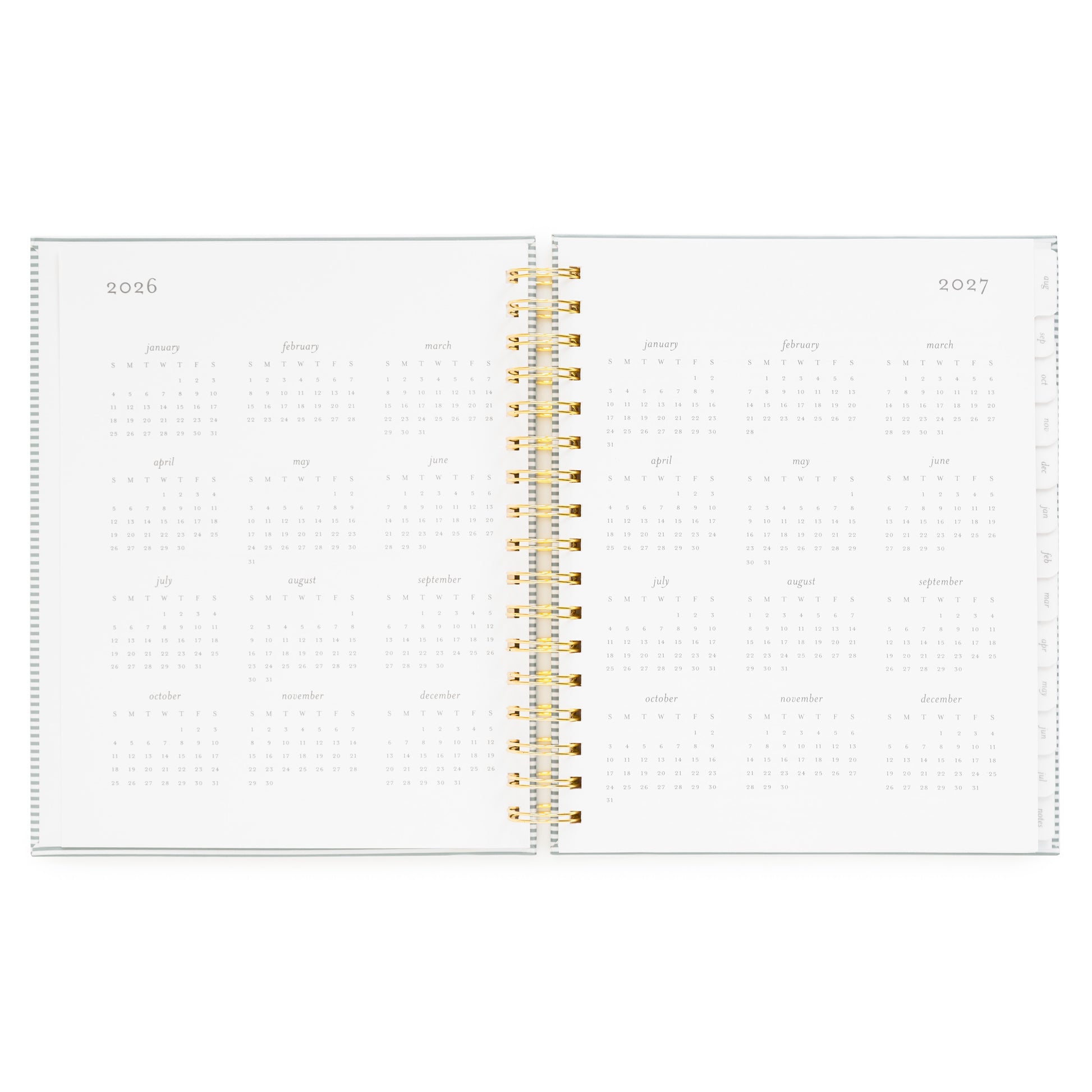 Two-page spread of a planner with 2026 and 2027 calendars of spiral academic planner