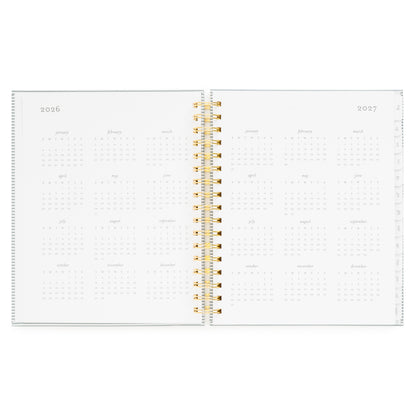 Two-page spread of a planner with 2026 and 2027 calendars of spiral academic planner