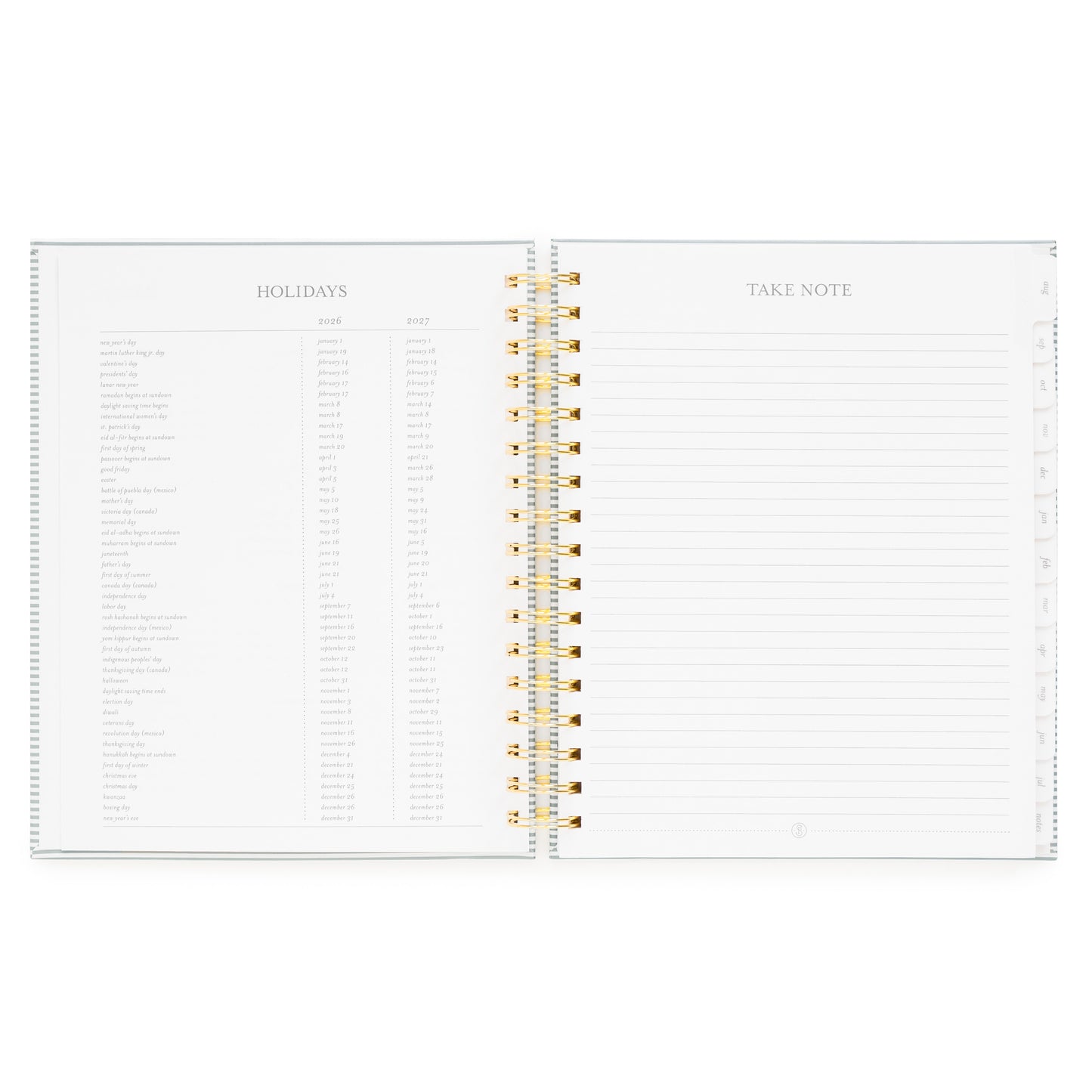 Two pages of a planner with 2026 + 2027 'Holidays' on the left and 'Take Note' on the right with lined notes pages