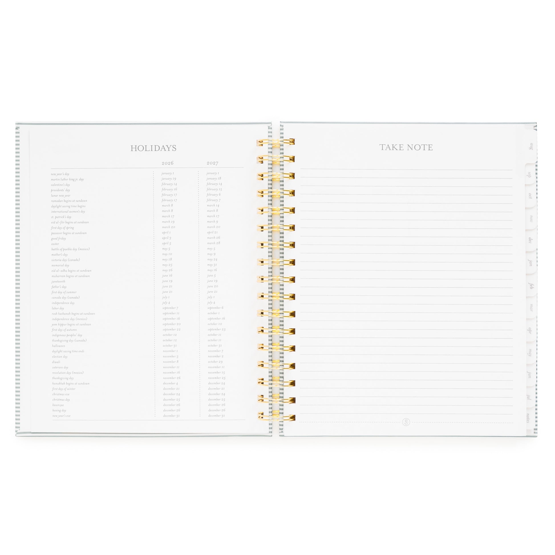 Two pages of a planner with 2026 + 2027 'Holidays' on the left and 'Take Note' on the right with lined notes pages