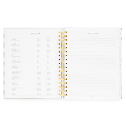 Two pages of a planner with 2026 + 2027 'Holidays' on the left and 'Take Note' on the right with lined notes pages