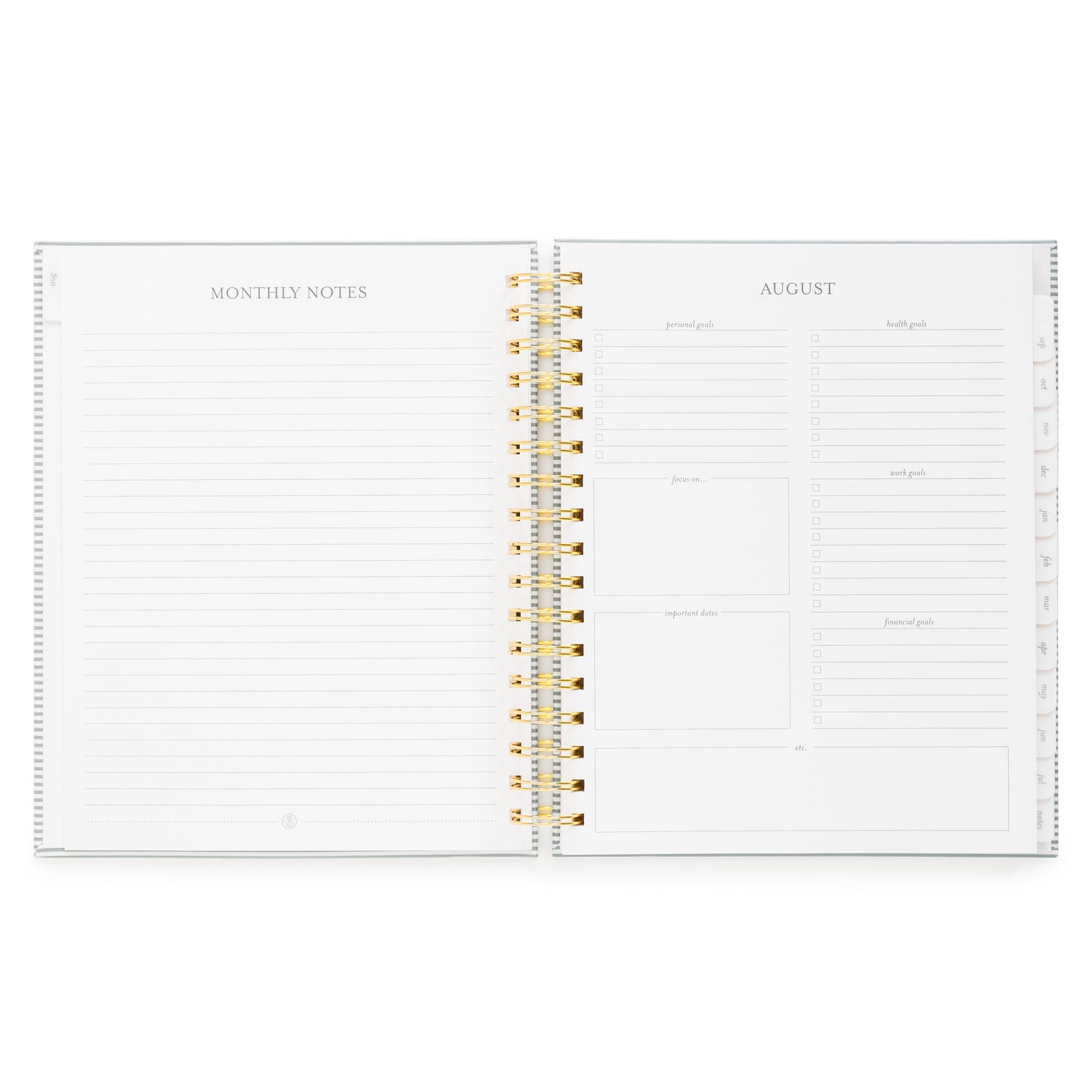 Open planner showing monthly notes and monthly guided prompts including 'personal goals,' 'health goals,' 'focus on,' 'work goals,' 'financial goals,' and 'important dates'