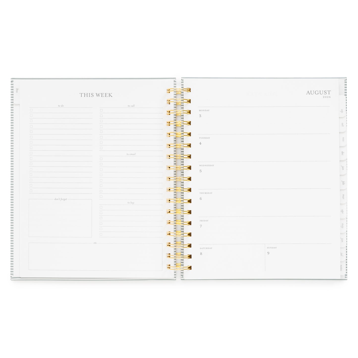 Open spiral academic planner showing the weekly layout with weekly prompts on the left and section of each day of the week on the right with august 2026 dates