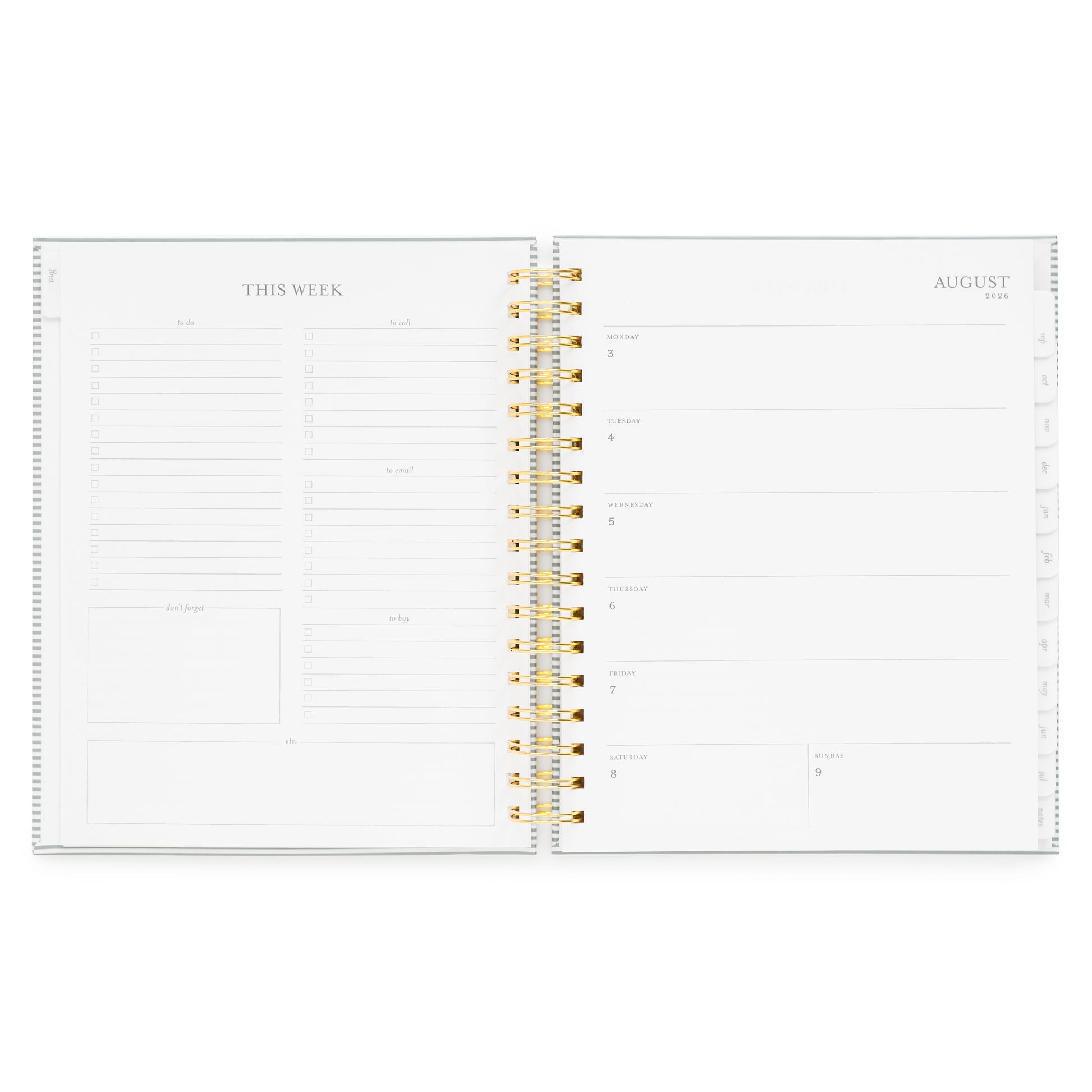 Open spiral academic planner showing the weekly layout with weekly prompts on the left and section of each day of the week on the right with august 2026 dates
