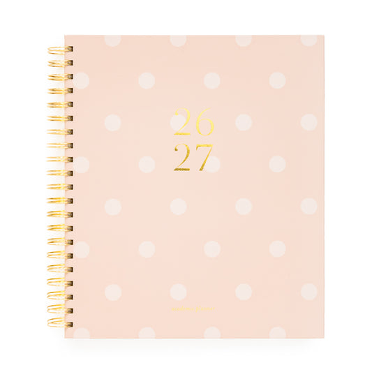 Pink with white dot spiral planner with 26 27 in gold foil 
