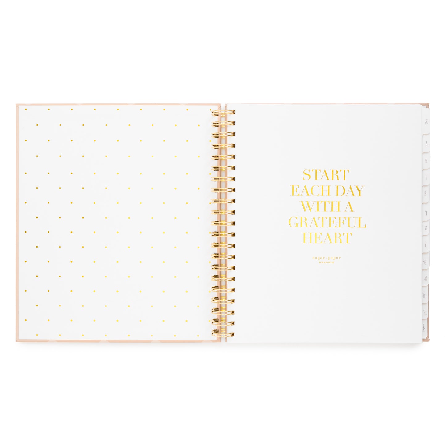 Open spiral planner with 'start each day with a grateful heart' with cover page in gold foil