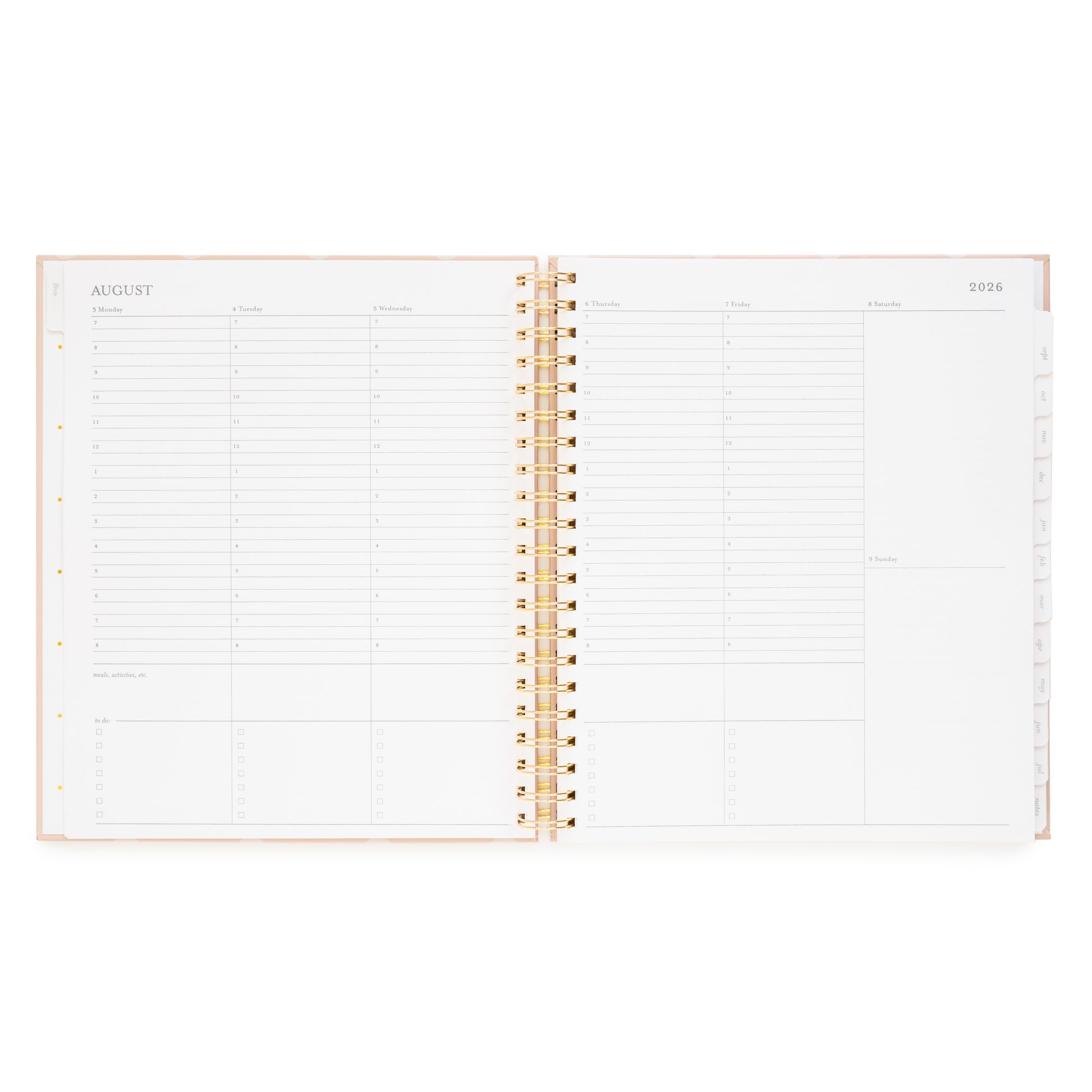 Weekly layout of spiral academic planner with hourly slots for each week day and blank spaces for saturday and sunday
