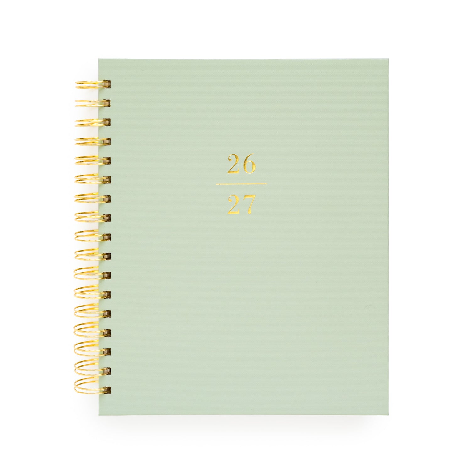 Light green planner with gold spiral binding and '26-27' in gold foil}