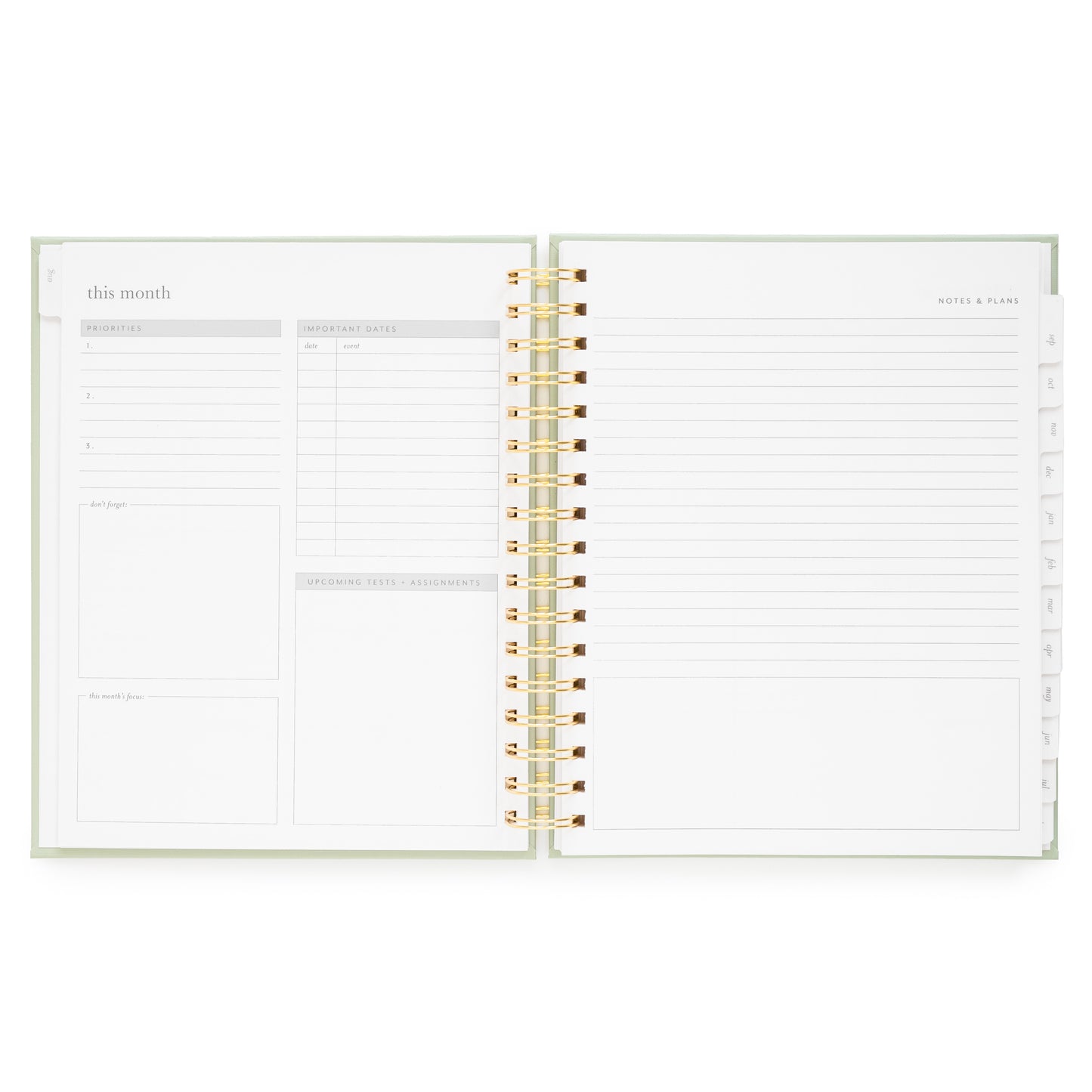 Monthly layout of academic student planner with priorities, important dates, upcoming tasks, don't forget, and this month's focus with lined page for "notes and plans"