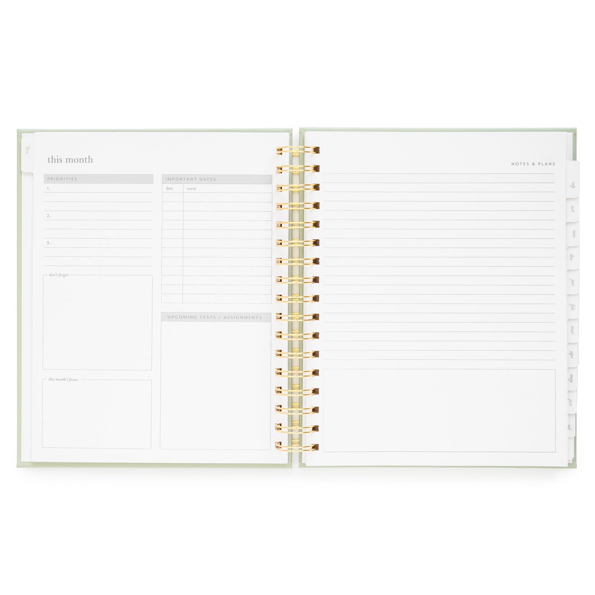Monthly layout of academic student planner with priorities, important dates, upcoming tasks, don't forget, and this month's focus with lined page for "notes and plans"