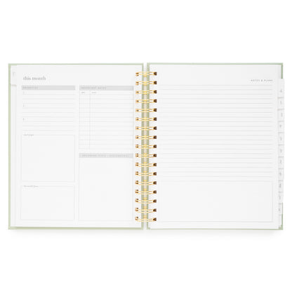 Monthly layout of academic student planner with priorities, important dates, upcoming tasks, don't forget, and this month's focus with lined page for "notes and plans"