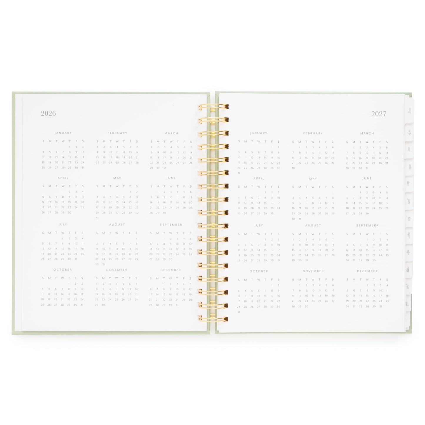 Open monthly planner pages for 2026 and 2027 months of the year