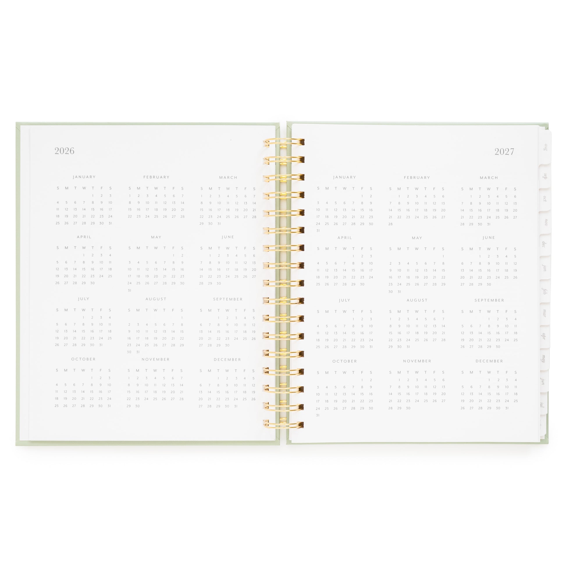Open monthly planner pages for 2026 and 2027 months of the year