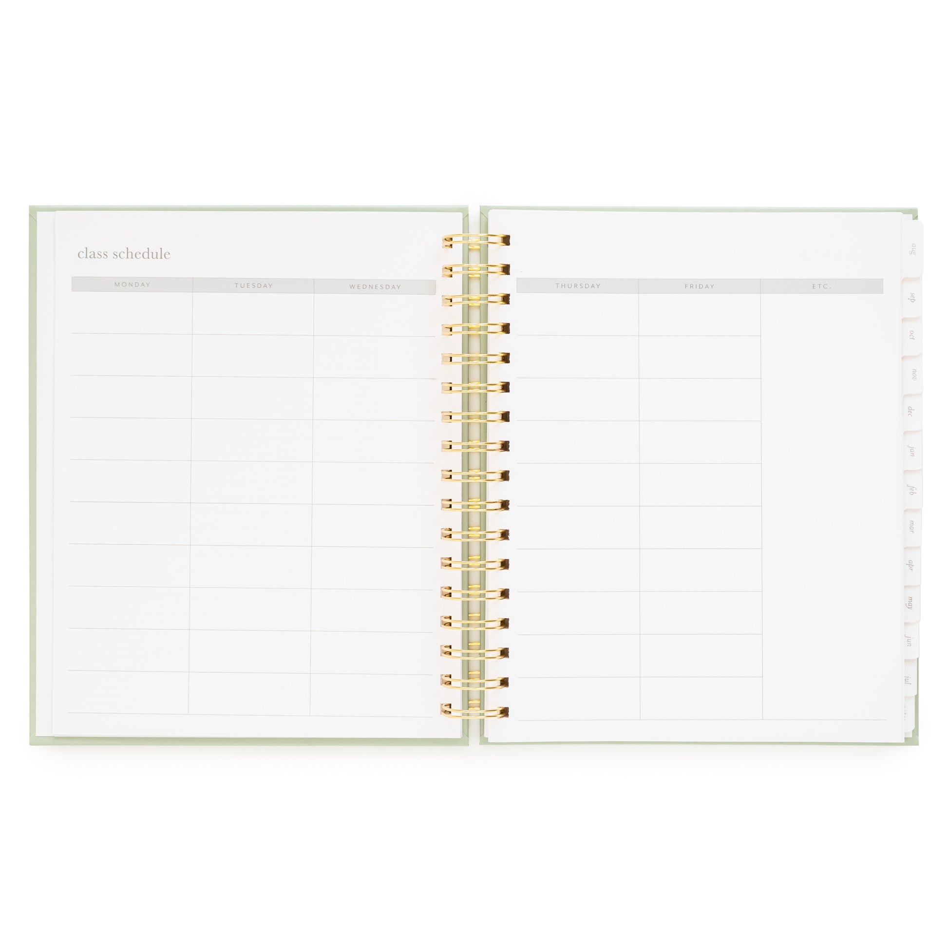 Weekly class schedule with space for each weekday of the week in the academic student planner