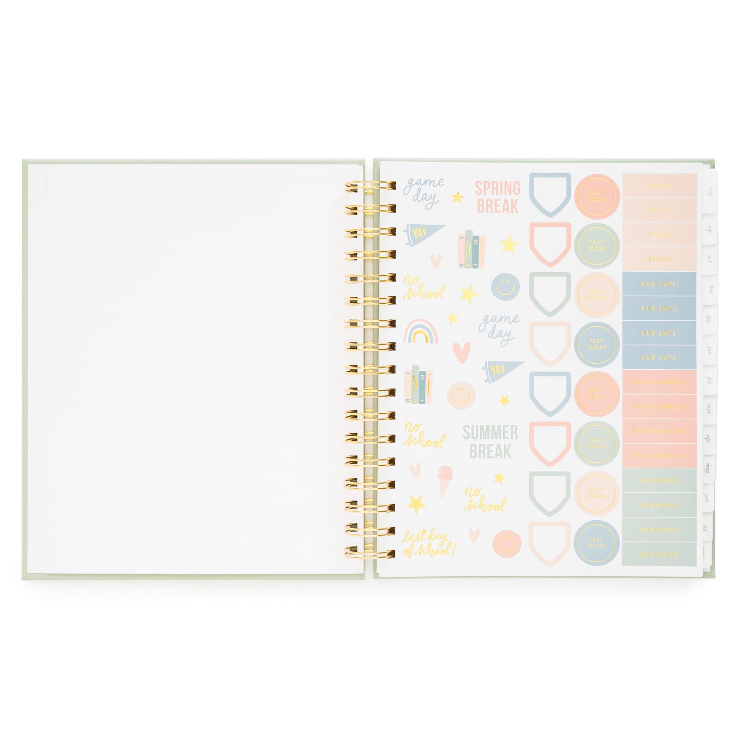 Spiral bound academic student planner with colorful planner sticker pages in blue, pink, green, and gold foil