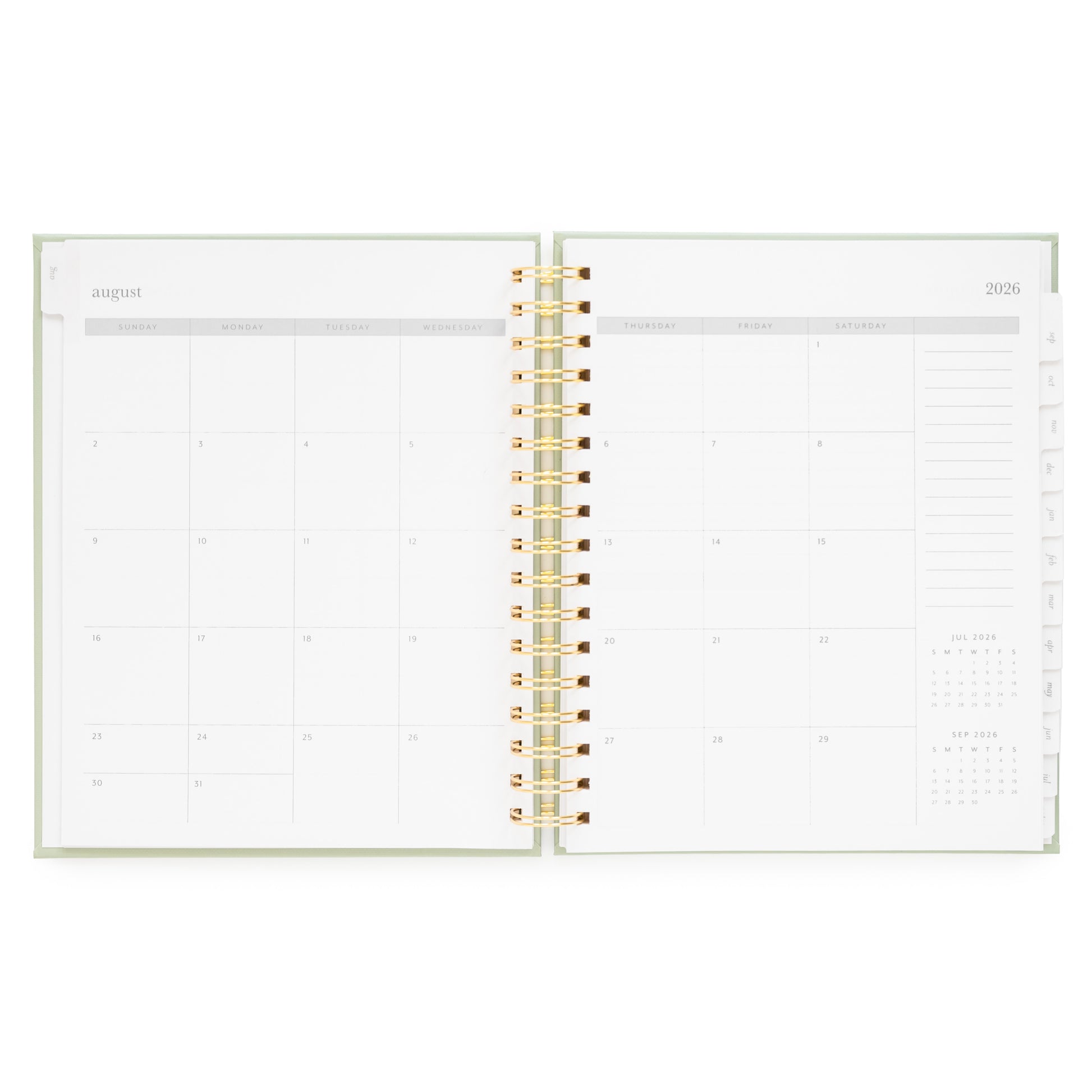Open monthly grid of academic student planner with full month overview for August 2026