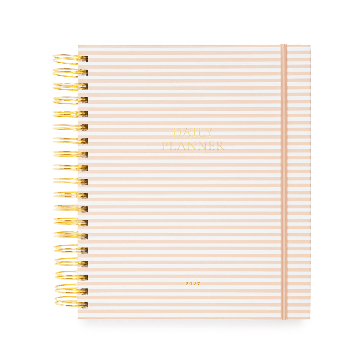 Daily planner with pink and white stripes and a pink elastic with a gold coil spiral binding. Cover is stamped in gold foil with 'daily planner' and '2027'