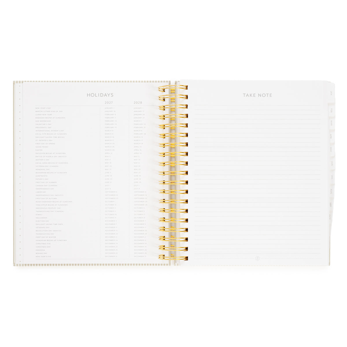 An open spiral-bound planner with gold wire binding, showing ruled lines on the right with 'take note' and printed tables on the left page for '2027' + '2028' holidays