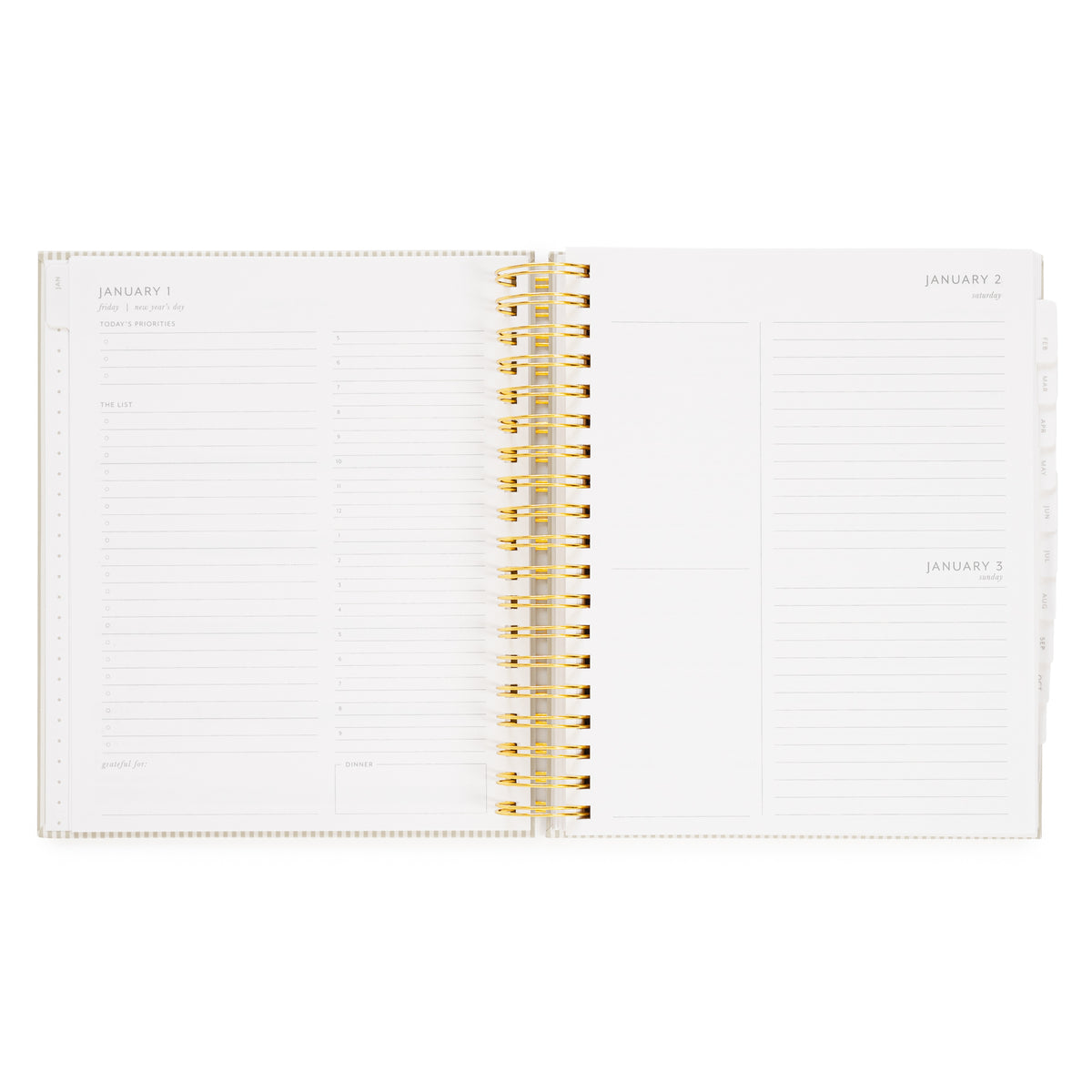 An open spiral-bound planner with gold wire binding, showing lined daily and weekly layout pages with 'today's priorities,' 'the list,' 'grateful for,' timed slots for the day, and 'dinner'. the grid on the right shows the weekend days with blank boxes and lines for jotting down the events planned