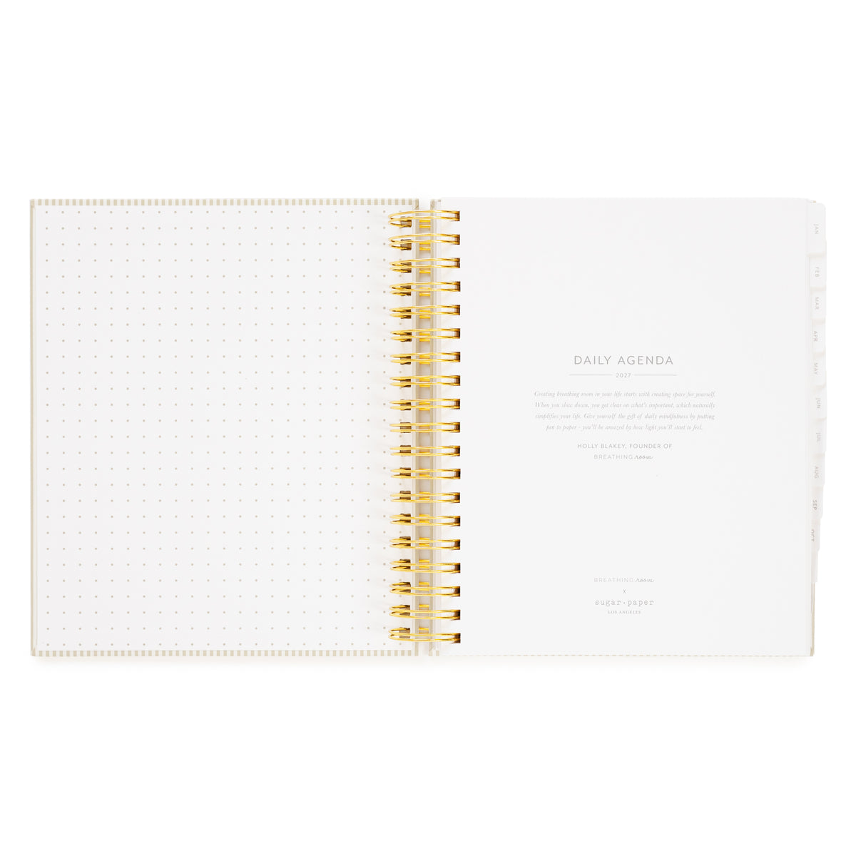An open daily agenda with white dotted pages on the left and a title page on the right with 'daily agenda 2027' and a quote from Holly Blakey about project planning