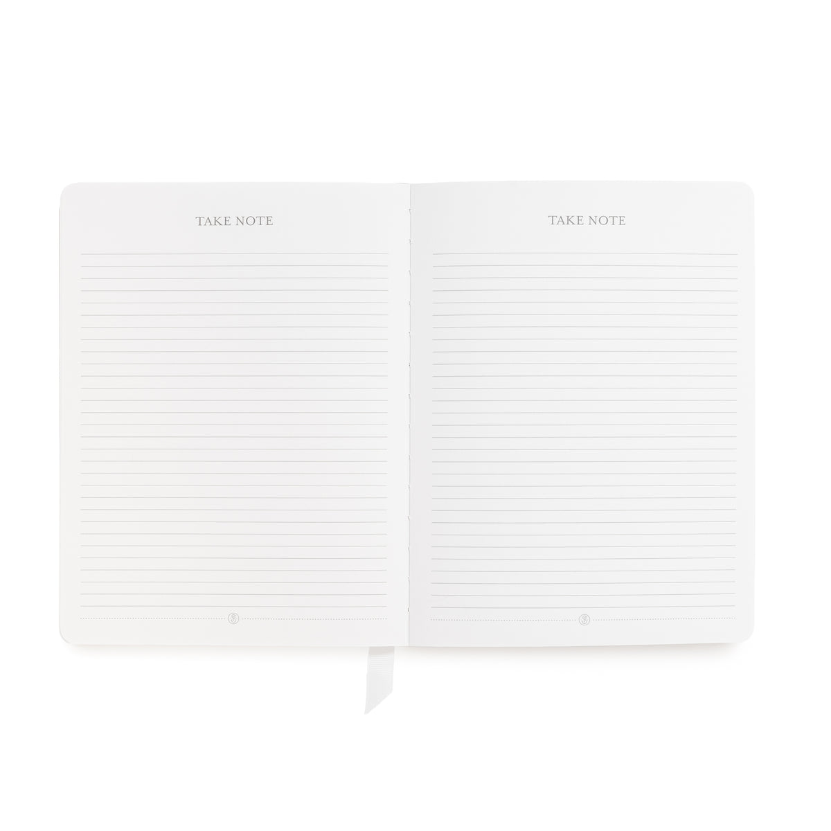 An open planner with lined pages and the words 'TAKE NOTE' printed at the top of each page with ruled lines for note taking
