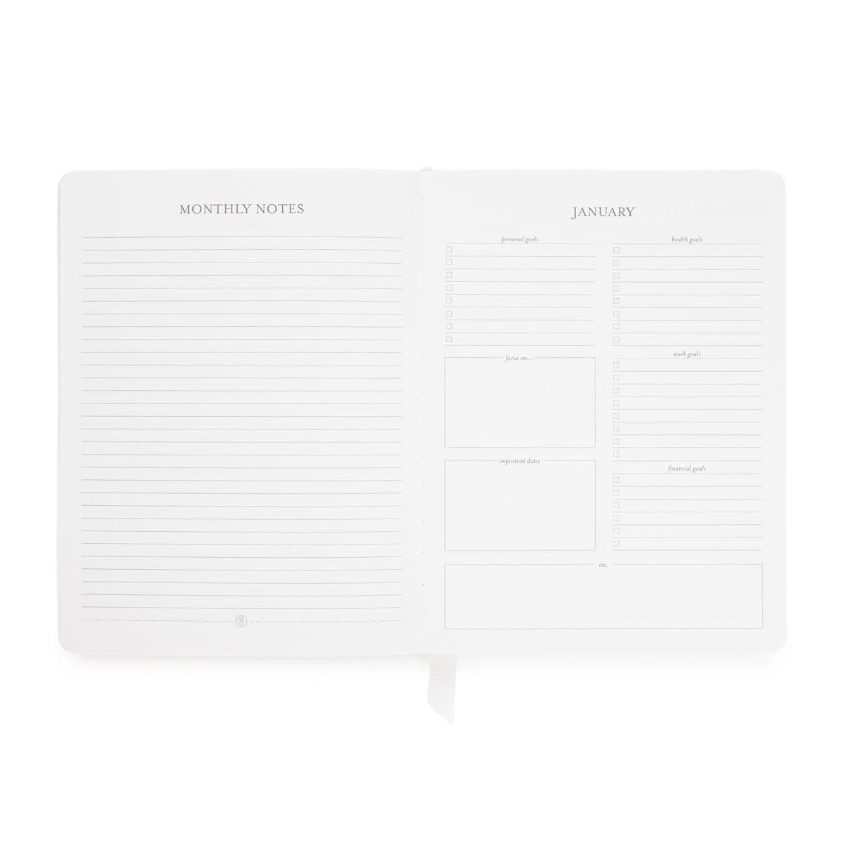 An open planner shown open to the monthly notes and January layout pages, with spaces for goal taking and notes