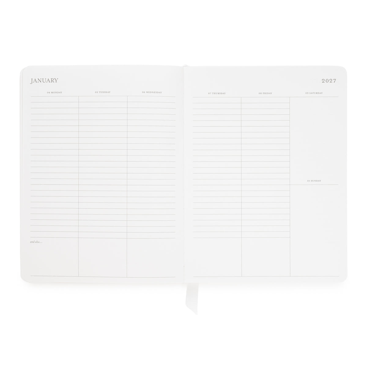 An open planner showing January 2027 with lined daily sections for the week and a ribbon bookmark hanging from the bottom center
