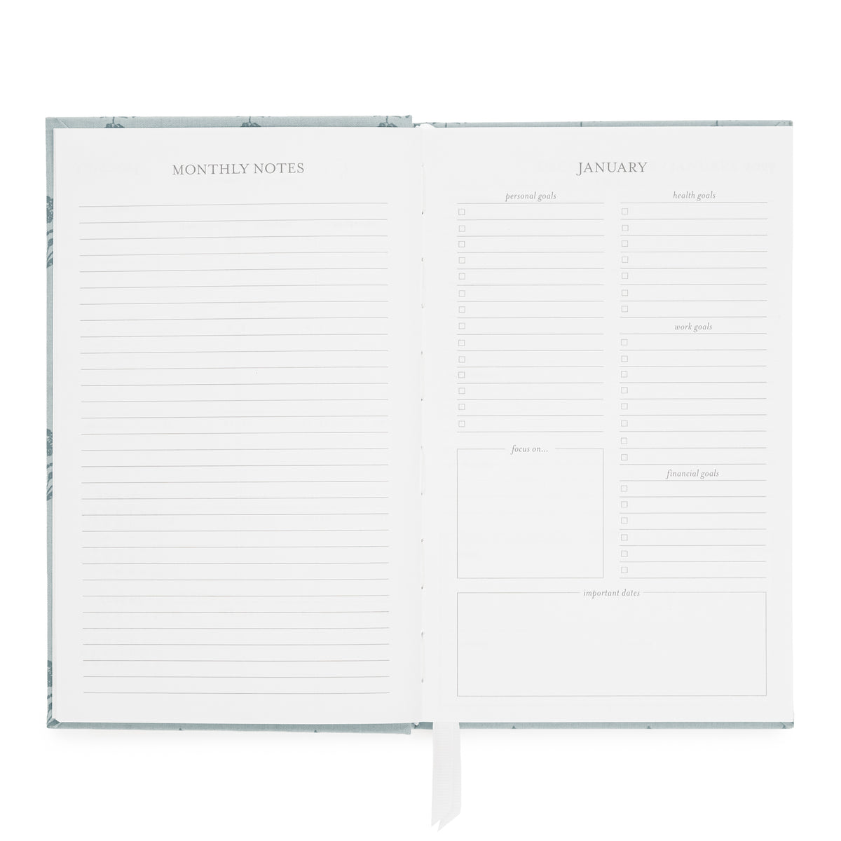An open monthly agenda with lined 'MONTHLY NOTES' pages and a January overview of 'personal goals,' 'health goals,' 'work goals,' 'financial goals,' 'focus on,' and 'important docs'