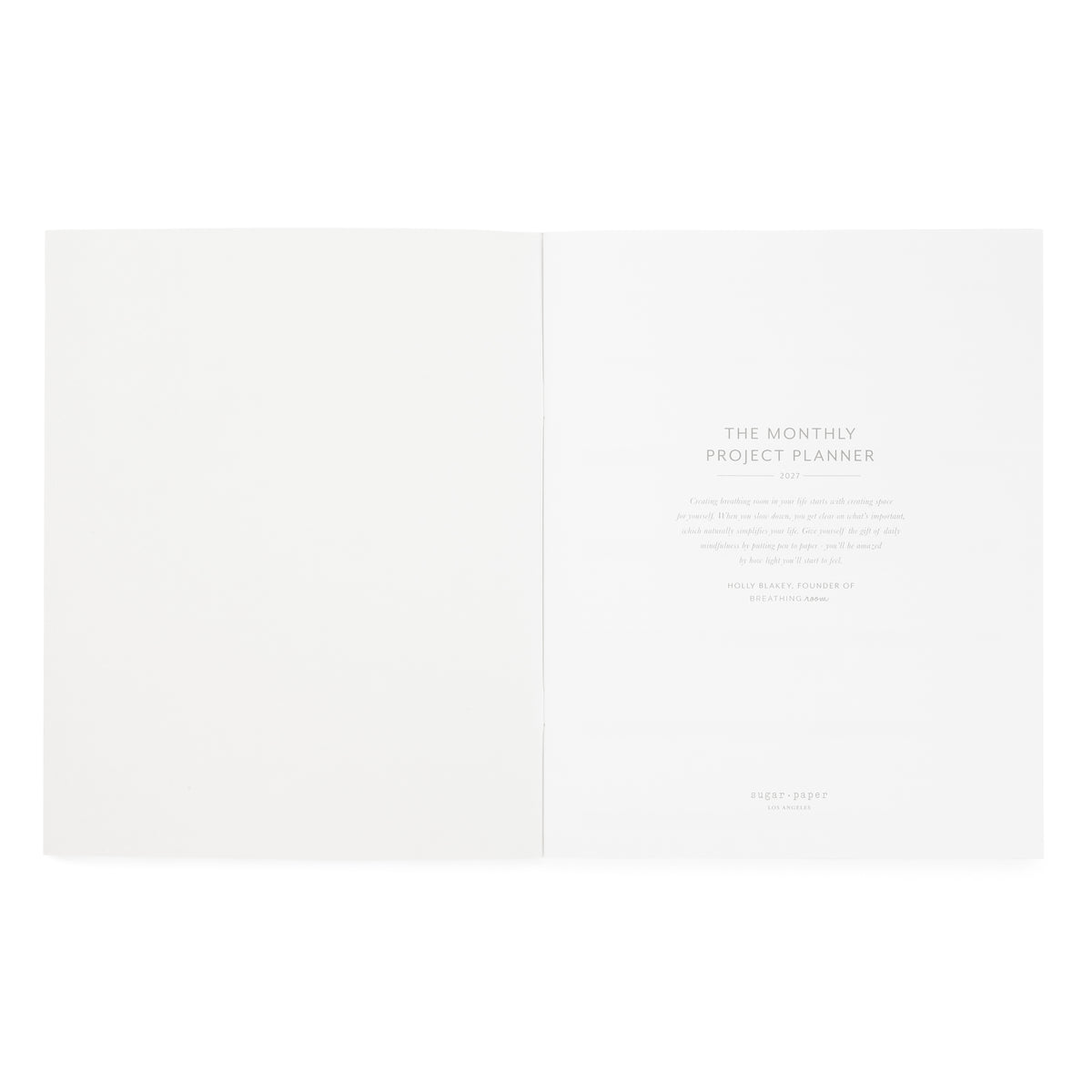A minimalist open monthly project planner with 'the monthly project planner' and a blurb about the partnership with 'holly blakey'